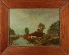 R. Wildeboer, 'Rivierlandschap met boerderij'., Olieverf op paneel