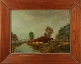 R. Wildeboer, 'Rivierlandschap met boerderij'., Olieverf op paneel