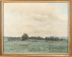 M. Bilders van Bosse, 'Riviergebied met koeien en figuren in de wei'., Aquarel op papier