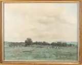 M. Bilders van Bosse, 'Riviergebied met koeien en figuren in de wei'., Aquarel op papier