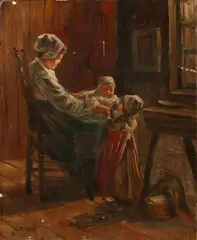 J.C. Verburgh, 'Boeren interieur met moeder en kinderen'., Olieverf op paneel