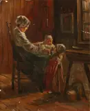 J.C. Verburgh, 'Boeren interieur met moeder en kinderen'., Olieverf op paneel