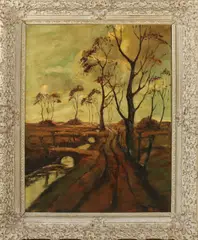Berry Brugman, 'Landschap met zandpad en sloot'., Olieverf op linnen
