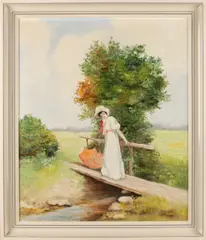 H.J.T.C., 'Elegante dame bijj houten bruggetje'., Olieverf op linnen