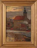 'Havengezicht met Barok kerk en stoomboot'. by Reinhold Grohmann Berlin 1877-1915, Olieverf op paneel, Afmeting 38 x 28 cm, sold Oct 2017
