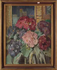 Monogram M.O, 'Vaas met bloemen voor stadsraam'., 'Vaas met bloemen voor stadsraam.' Olieverf op paneel