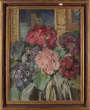 Monogram M.O, 'Vaas met bloemen voor stadsraam'., 'Vaas met bloemen voor stadsraam.' Olieverf op paneel