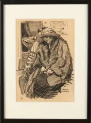 Herman Moerkerk, 'Zittende dame met hoed'., Houtskool op papier