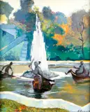 Russische school Anatol Cernajaev, 'Fontein in park'., Olieverf op linnen