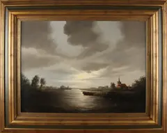 W. Kroon, 'Avondlandschap met boten op meer'., Olieverf op linnen