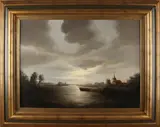 W. Kroon, 'Avondlandschap met boten op meer'., Olieverf op linnen