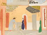 Bernhard Dörries, 1898-1978, 'Dorpsstraat met figuren'., Olieverf op paneel