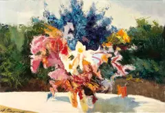 Russische School, 'Bloemenvaas op terrastafel'., Olieverf op linnen