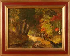 R. Wildeboer, 'Bosgezicht'., Olieverf op paneel