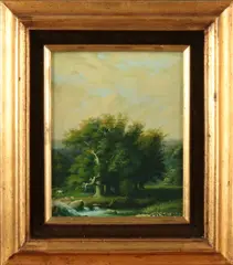 R. de Jongh, 'Romantisch landschap met paarden'., Olieverf op paneel