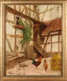 Franz Hochmann, 'Vakwerk binnenhof met kippen'., Olieverf op linnen