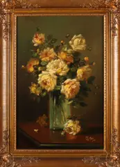 Tilly Moes, 'Glazen vaas met rozen'., Olieverf op linnen
