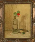 D. de Haar 'Stilleven met boek, fles en bloem'., Olieverf op linnen