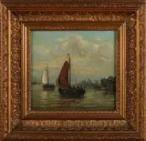 'Hollandse skutsjes op meer'. by Onduidelijk gesigneerd, Olieverf op paneel, sold Oct 2017