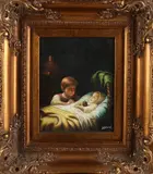 'Meisje bij kind in bed'. by Onduidelijk gesigneerd, Olieverf op paneel, sold Oct 2017