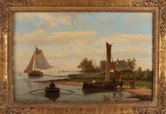 J.H.B. Koekkoek, 'Riviergezicht met boten'., Olieverf ? op linnen ? Afmeting: 33 x 51 cm