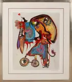 zeefdruk/acryl. by Jan te Wierik, 1954 - 2002 Rekken, Fantasie figuur op fiets, sold Jul 2017