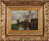 Pieter de Regt, 1877 -, Hollands riviergezicht., Olieverf op paneel