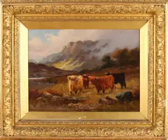'Schotse hooglanders' by William Langley, 1852 -, Olieverf op linnen, sold Jul 2017