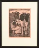 Jan Mankes, 1889 -, 'Melkende boerin', Houtsnede op papier