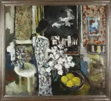 Jelle Hoogstra, 1924 -, 'Vrouw met bloemen in interieur'., Olieverf op papier