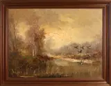 Jan Bevort, 1917-1996, landschap met eenden., Olieverf op papier