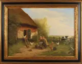 C.A. van Piggelen, 1921 -, 'Boerderij met lezende kinderen en vee'., Olieverf op linnen