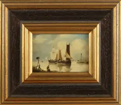 Jens Joppe, 'Platbodems met figuren op meer'., Olieverf op paneel