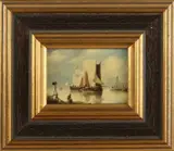 Jens Joppe, 'Platbodems met figuren op meer'., Olieverf op paneel