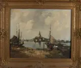 Onduidelijk ges., Riviergezicht., Olieverf op linnen