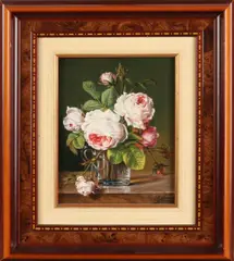 Harmen Timme, 1938 Bolsward, 'Glazen vaas met rozen'., Olieverf op paneel