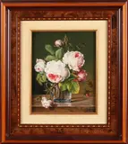 Harmen Timme, 1938 Bolsward, 'Glazen vaas met rozen'., Olieverf op paneel