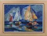 Modern blauw schilderij, kubistische schepen., 1960, Olieverf op linnen