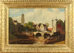 Wim van Es, 'Romantisch Hollands havengezicht'., Olieverf op linnen