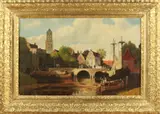 Wim van Es, 'Romantisch Hollands havengezicht'., Olieverf op linnen