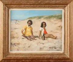 J.J.H. van Leeuwen, Meisjes op strand, Olieverf op paneel