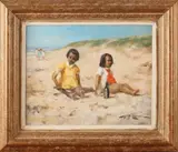 J.J.H. van Leeuwen, Meisjes op strand, Olieverf op paneel