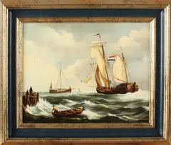 J. Meier, bootjes op zee, Olieverf op paneel