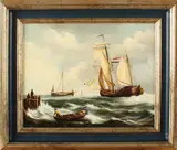 J. Meier, bootjes op zee, Olieverf op paneel