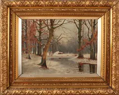 D. Rüdiger, wintergezicht, Rüdiger omstreeks 1900 Duitse school, wintergezicht met boerderij en beek, olieverf op paneel, Cond:G