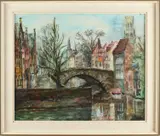 Monogram W.B., stadsgezicht Brugge, Monogram W.B 1972 stadgezicht met gracht, gemengde techniek op linnen, 50x60cm