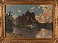 Schilderij Königsse, berglandschap, Onduidelijk gesigneerd omstreeks 1920 Königsee Berglandschap, scheur linkse boom, olieverf op linnen 100x70cm