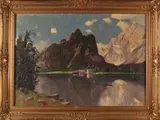 Schilderij Königsse, berglandschap, Onduidelijk gesigneerd omstreeks 1920 Königsee Berglandschap, scheur linkse boom, olieverf op linnen 100x70cm