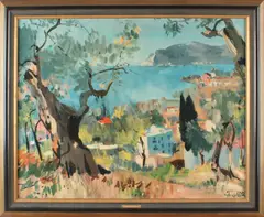 E. Aigner, oleografie, Eduard Aigner(reproductie) kust bij Alasio, oleografie op linnen 75x61cm