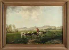 F. van Kregten, koeien, Fedor van Kregten 1871-1937, boerin met kalveren in weiland, olieverf op linnen 60x90cm